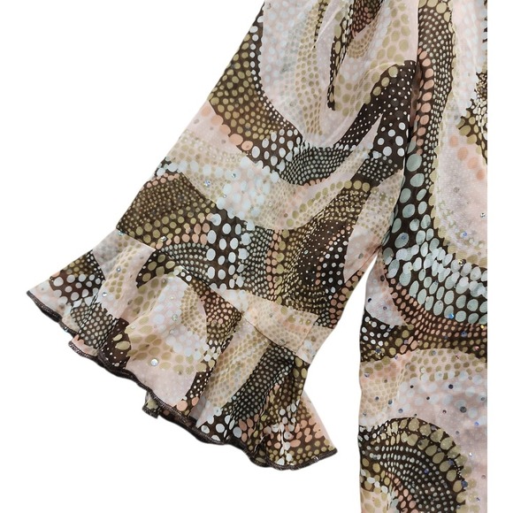 Sarah B Woman Blouse 2X Brown Beige Metallic Shimmer Ruffle Sleeve Button Front - Picture 10 of 11